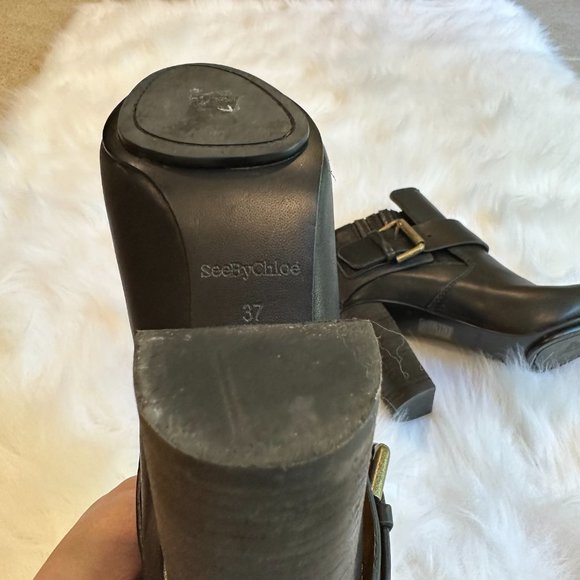 See by Chloe Ankle Boot Cappa Leather Boho Heeled Black Buckle Pull On Sz 6 - Picture 12 of 13